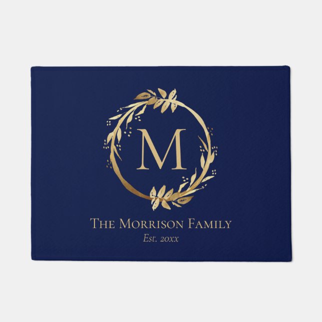 Felpudo Elegante Navy Blue Gold Familia Nombre Monograma (Anverso)