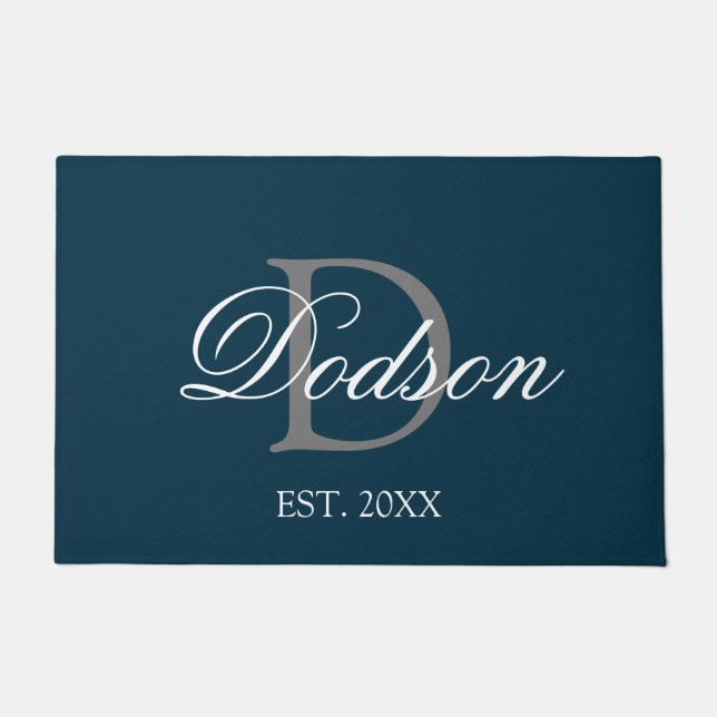 Felpudo Elegante Navy Blue Script Monograma Nombre (Anverso)