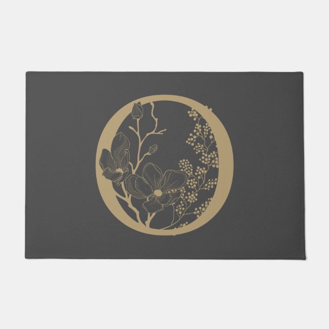 Felpudo Elegante O Boho Floral Monograma Gris Inicial Oro (Anverso)