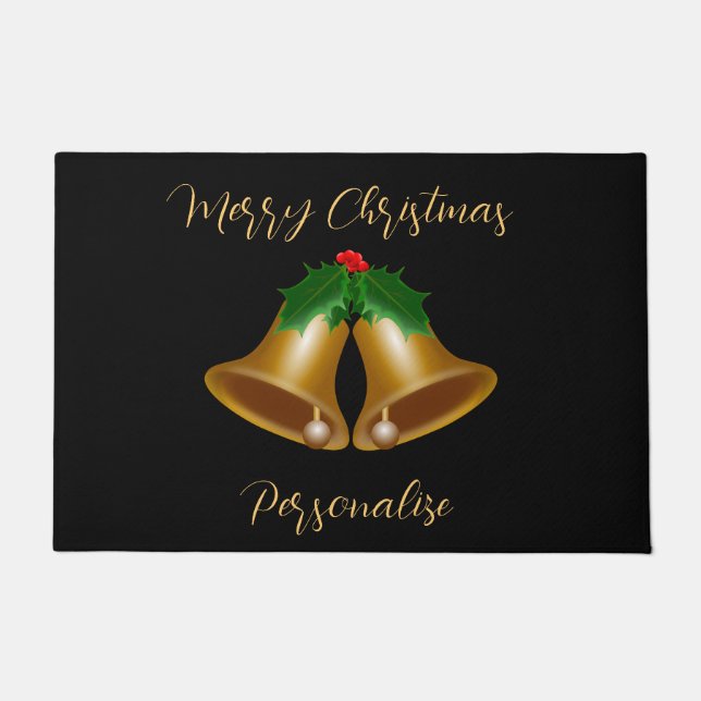 Felpudo Elegante oro Feliz Navidad Bells Personalizadas (Anverso)