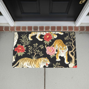 Felpudo Elegante patrón de chinoiserie negro con tigre y p