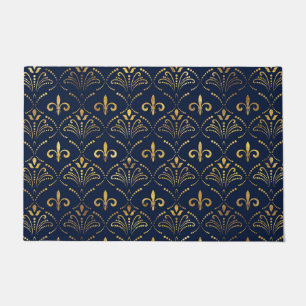 Felpudo Elegante patrón Fleur-de-lis - Oro y azul profund