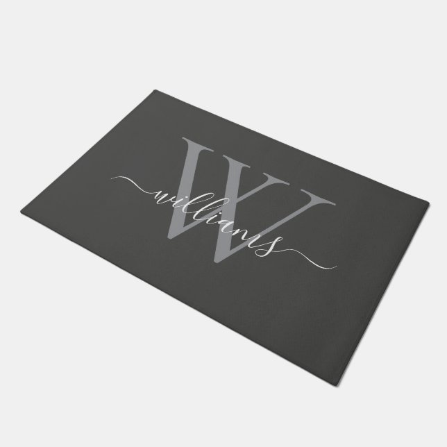 Felpudo Elegante Personalizado Gris Dusty Monograma Script (Angular)