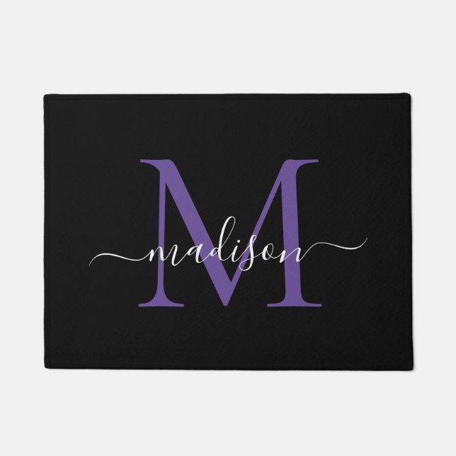 Felpudo Elegante Personalizado morado negro Monograma Nomb (Anverso)