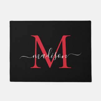 Felpudo Elegante Personalizado negro de Borgoña Monograma