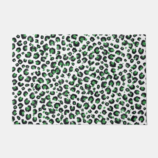 Felpudo Elegante Purpurina Verde Leopardo negro impresión  (Anverso)