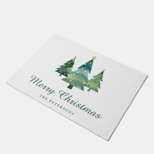 Felpudo Elegante Script Watercolor Árboles navideños