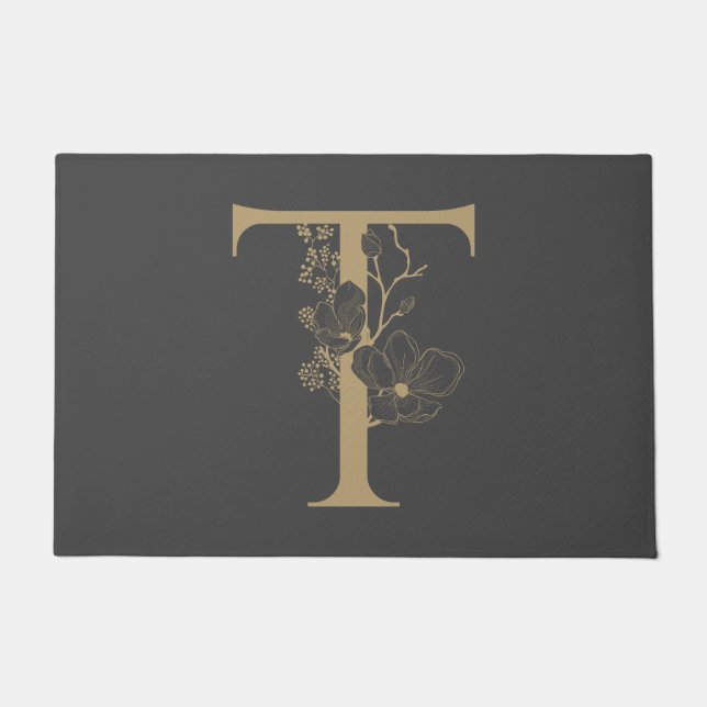 Felpudo Elegante T Boho Floral Monograma Gris Inicial Oro (Anverso)