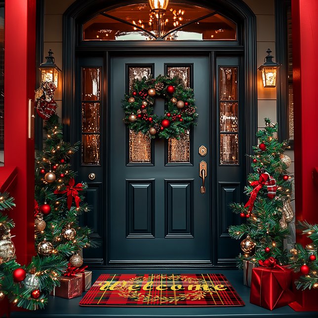 Felpudo Elegantes Navidades rojos y verdes de la planta de (Festive Red Christmas Tartan Plaid Holiday Welcome Mat )