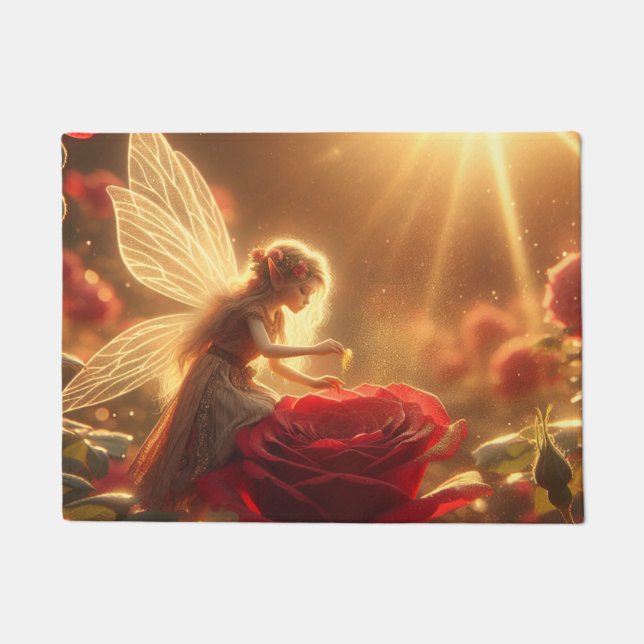 Felpudo Elfe bestäubt rote Rose mit der Liebe (Anverso)