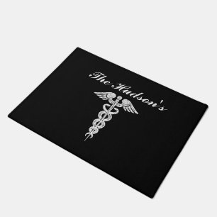Felpudo Enfermera médica personalizada Caduceus blanco neg