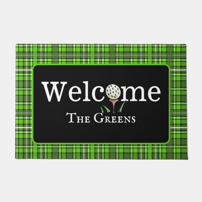 Felpudo Entrada de bienvenida de golf Preppy Green Plaid (Anverso)