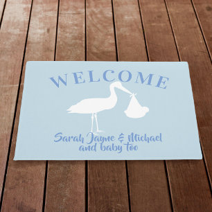 Felpudo Entrega de la cigüeña Bebé Bienvenida Azul Doormat