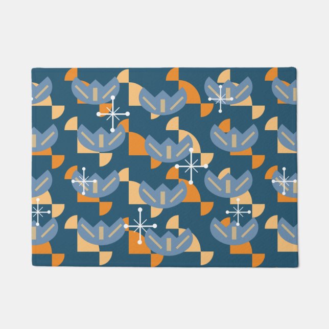 Felpudo Era Atómica Flores Funky (Azul y Naranja) (Anverso)