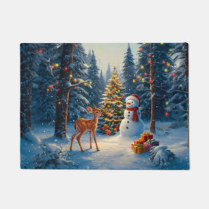 Felpudo Escena De Árbol De Navidad Cute Deer Fawn Snowman