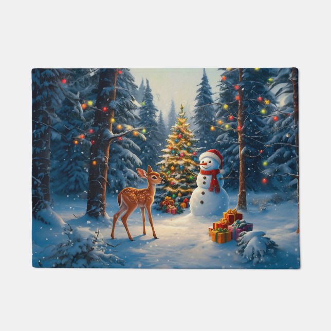 Felpudo Escena De Árbol De Navidad Cute Deer Fawn Snowman (Anverso)