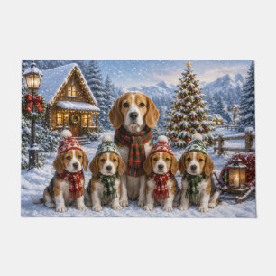 Felpudo Escena de Navidad Familiar Invernal con Beagle