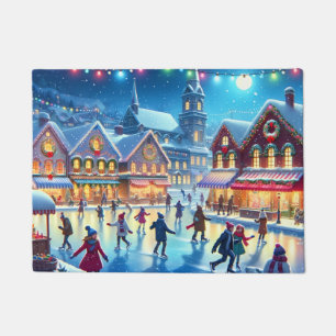 Felpudo Escena festiva de patinaje sobre hielo en Navidad