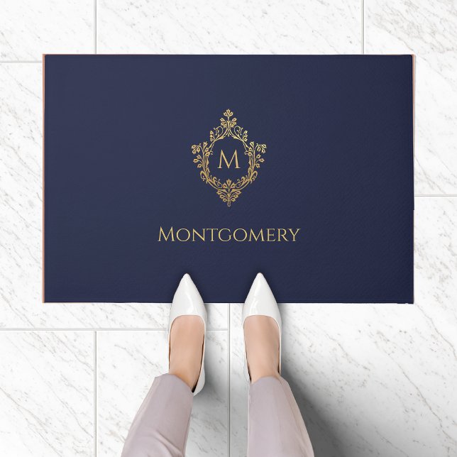 Felpudo Escudo Monograma Navy Blue Faux Gold Elegant Inici (Subido por el creador)