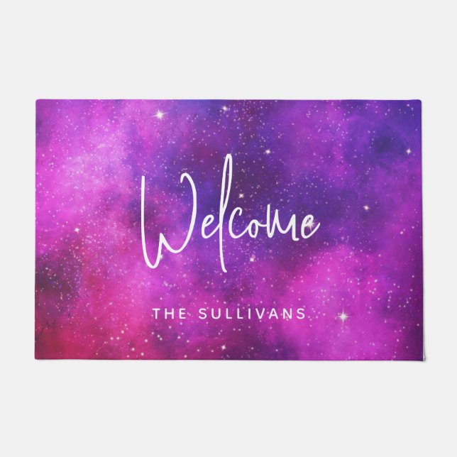 Felpudo Espacio rosa y púrpura y galaxia de imitación de e (Anverso)