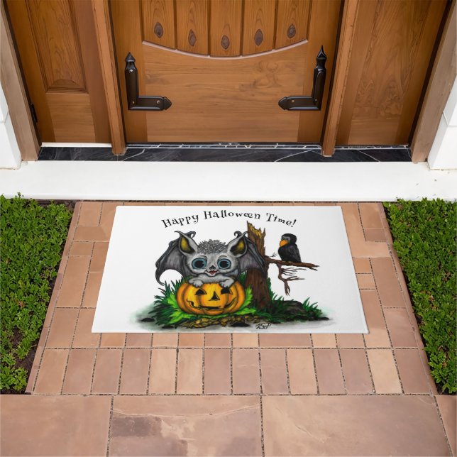 Felpudo Esperando Halloween , Cute Bat y Raven (Exterior)