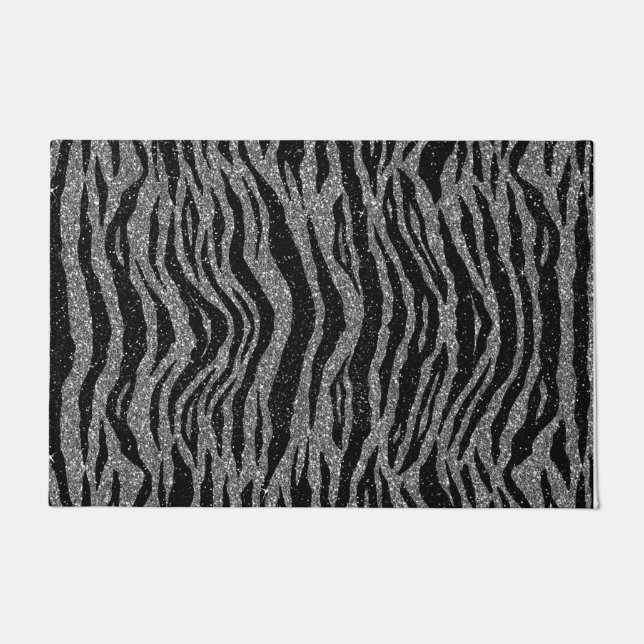 Felpudo Estampado de cebra negro y gris plateado (Anverso)