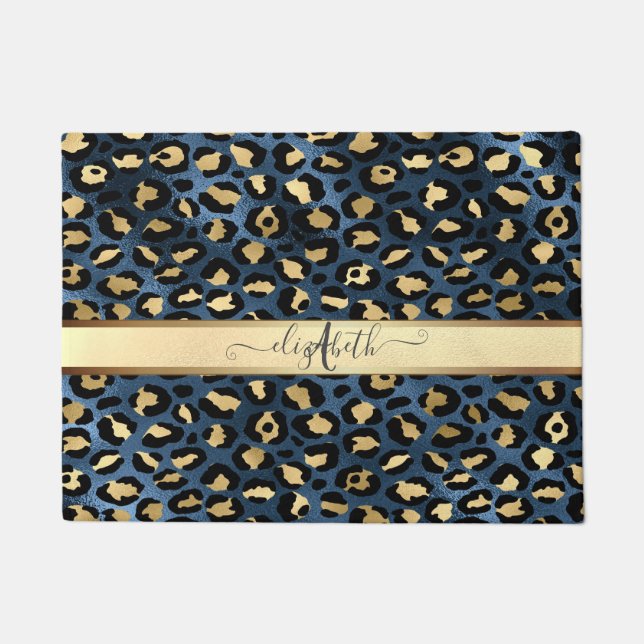 Felpudo Estampado de Leopardo Azul Monograma Dorado (Anverso)