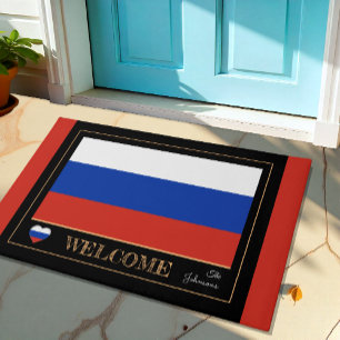 Felpudo esteras de casa con bandera rusa, bienvenida depor