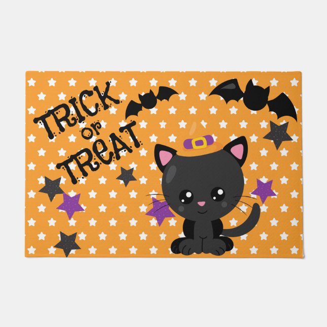 Felpudo ESTRELLAS naranjas Y BLANCAS CON GATO Y BAÑO NEGRO (Anverso)