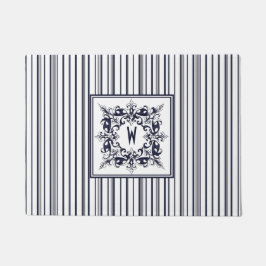 Felpudo Etiqueta de cosecha y monograma de franja azul de