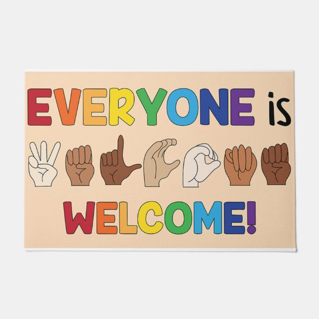 Felpudo Everyone Is Welcome Hand Sign Language Doormat (Anverso)