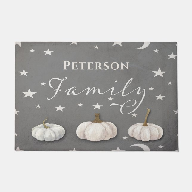 Felpudo Fall Halloween Gray White Pumpkin Family Monograma (Anverso)