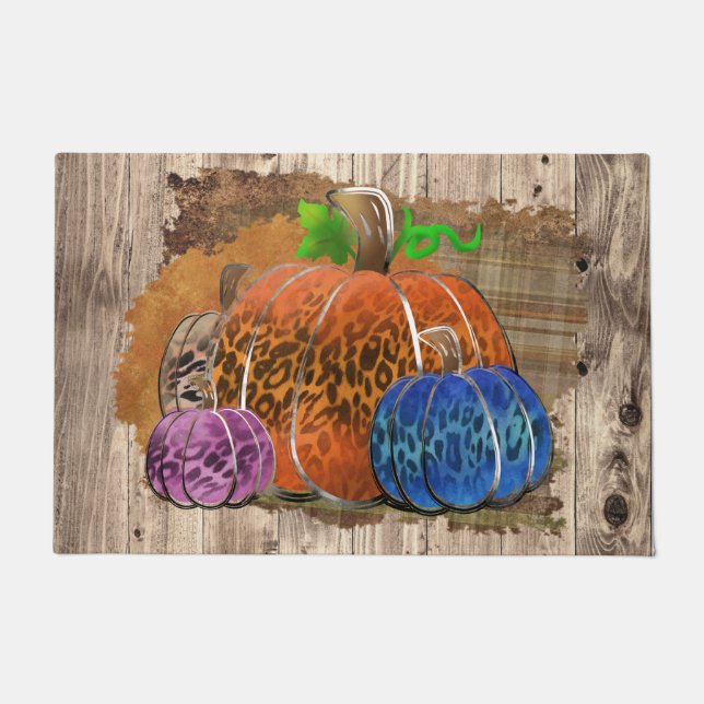 Felpudo Fall Leopard Print Autumn Pumpkins On Plaid (Anverso)