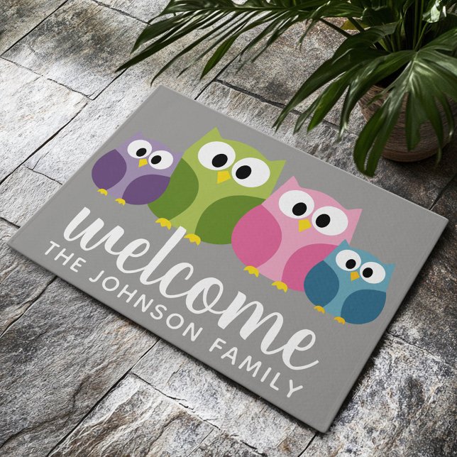 Felpudo Familia de búho Personalizado y nombre personaliza (Custom Welcome Mat)