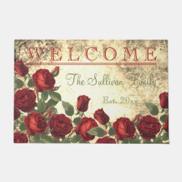 Felpudo Familia de Monogramas Viintage Red Roses BIENVENID