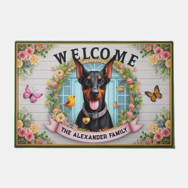 Felpudo Familia Doberman Pincher Dog Floral Bienvenida (Anverso)