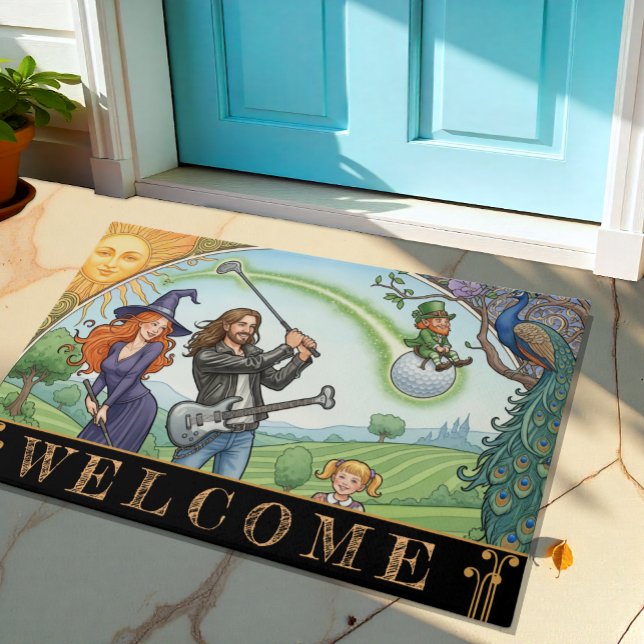 Felpudo Familia Golf con Bruja, Rockstar, Leprechaun / Art (Modern Golf Family House Doormat)