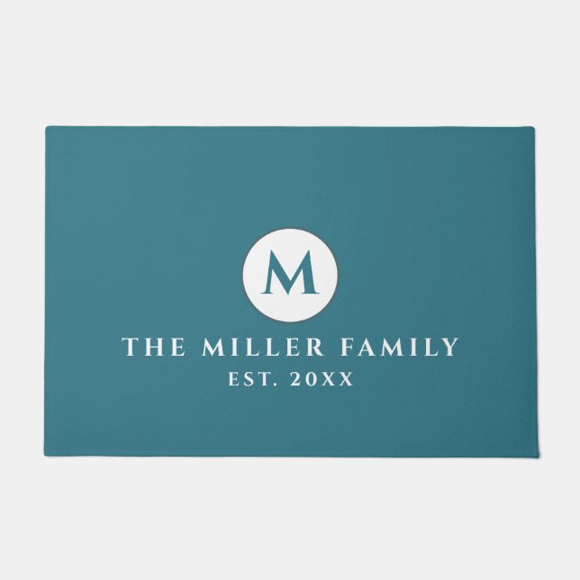 Felpudo Familia Monogramada Turquesa Nombre Doormat (Anverso)