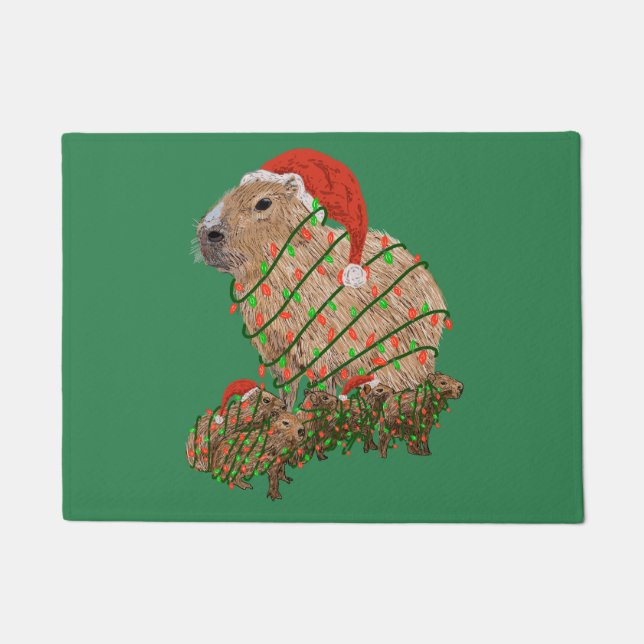 Felpudo Familia navidad Capybara envuelta en luces (Anverso)
