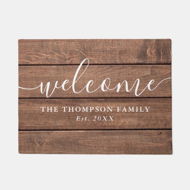 Felpudo Familia Personalizada Nombre Madera Rústica (Anverso)