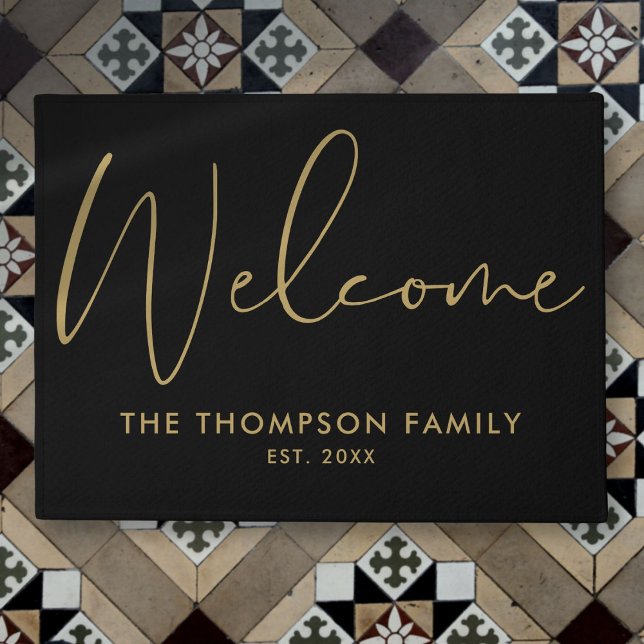 Felpudo Familia personalizado Bienvenida Negra Y Oro (Custom Family Black And Gold Welcome Doormat)