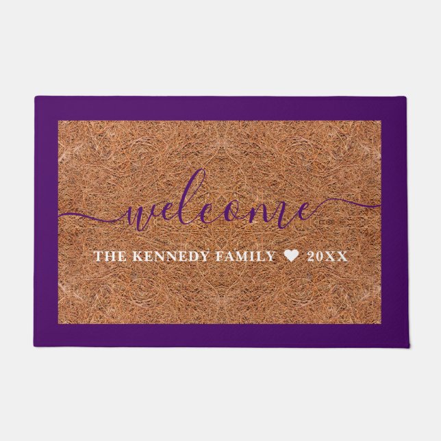 Felpudo Familia Rustic Coir Welcome Name Purple Outdoor (Anverso)