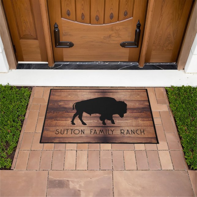 Felpudo Familia Rustic Wood Nombre Bison Silhouette (Exterior)