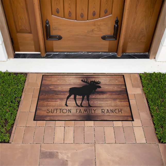 Felpudo Familia Rustic Wood Nombre Moose Silhouette (Exterior)