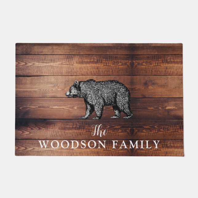 Felpudo Familia Rustic Wood Nombre Walking Bear Doormat (Anverso)