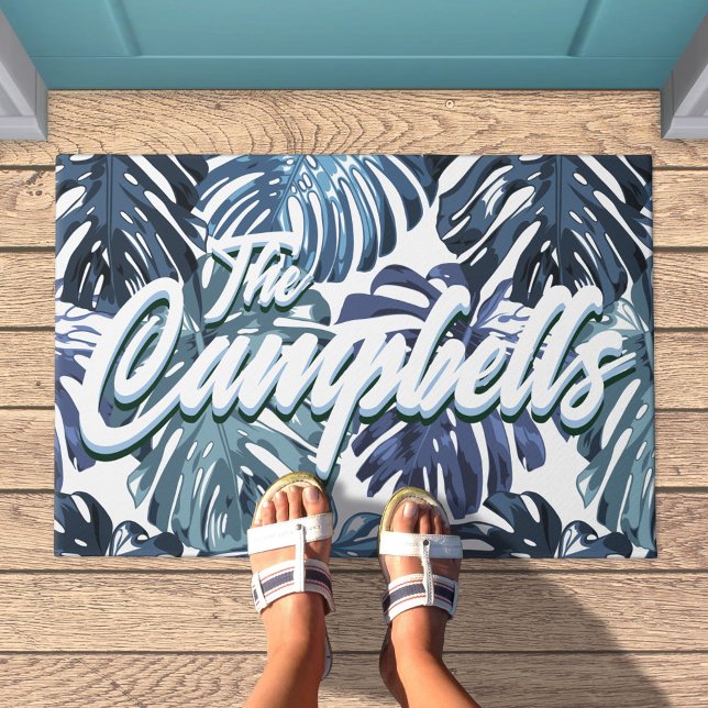 Felpudo Familia tropical Nombre hojas de palo blanca azul (Family name doormat with blue palm leaves)