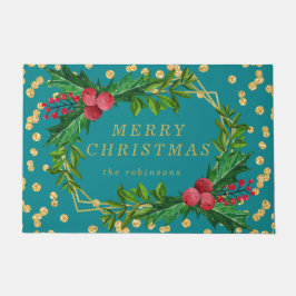 Felpudo Familia Verde azulada de oro Feliz Navidad Purpuri