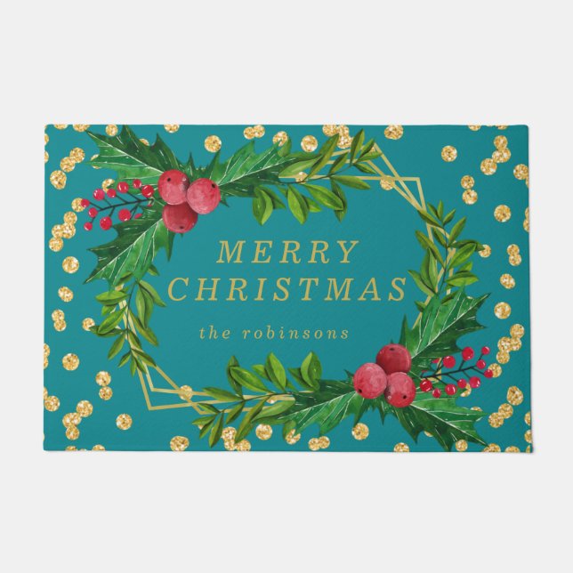 Felpudo Familia Verde azulada de oro Feliz Navidad Purpuri (Anverso)