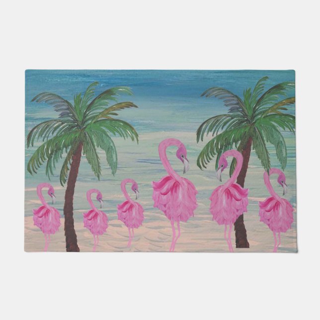 Felpudo Fancyf flamingos and palm tres tropical (Anverso)