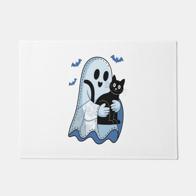Felpudo Fantasma de Denim Azul y Gato de Halloween (Anverso)